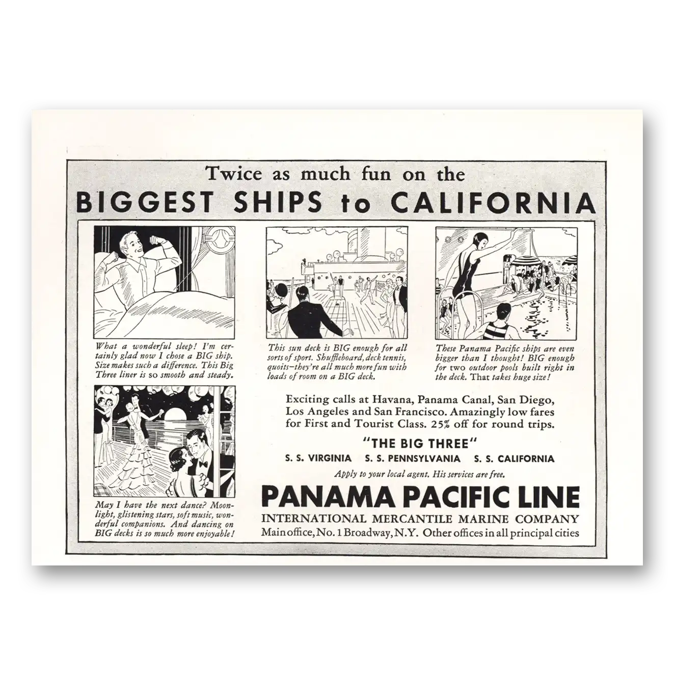 1934 Panama Pacific Line Biggest Ships to California VA PA CA Vintage Magazine Print Ad