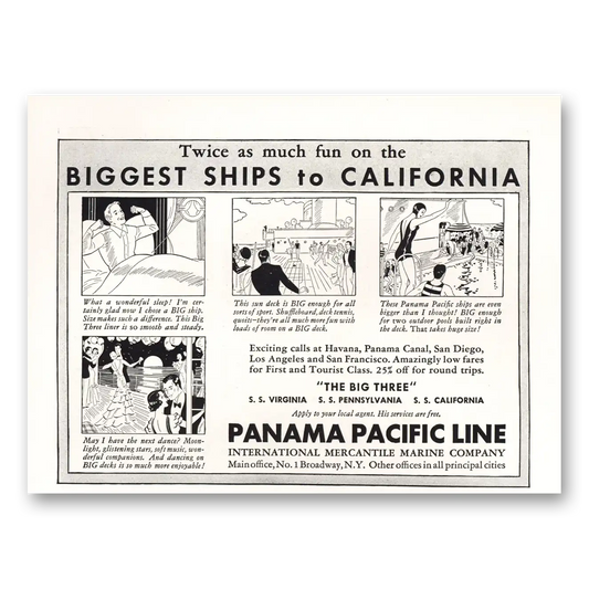 1934 Panama Pacific Line Biggest Ships to California VA PA CA Vintage Magazine Print Ad