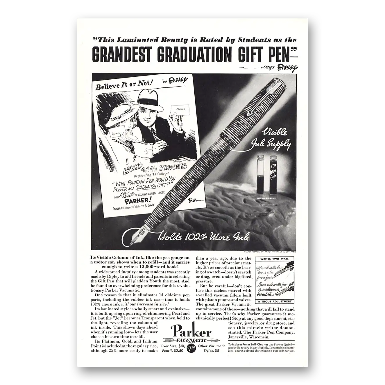 1934 Parker Vacumatic Pen Grandest Graduation Gift Pen Vintage Magazine Print Ad