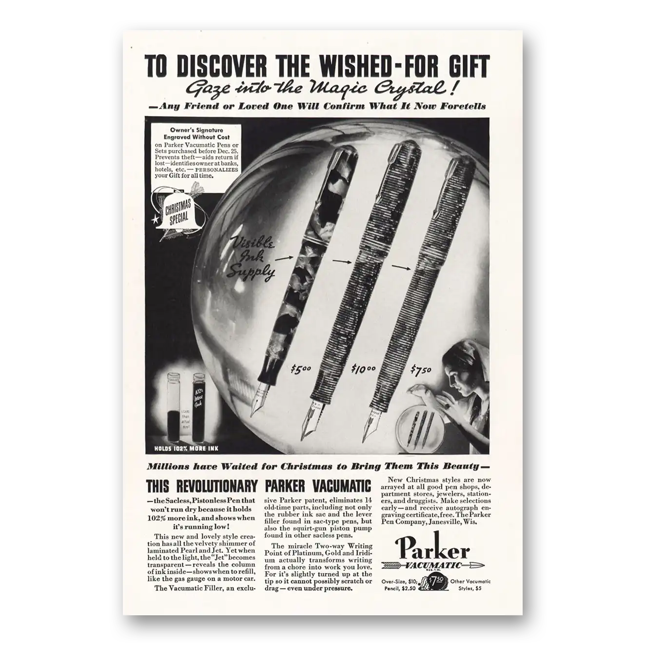 1934 Parker Vacumatic Pen Gaze into the Magic Crystal Vintage Magazine Print Ad