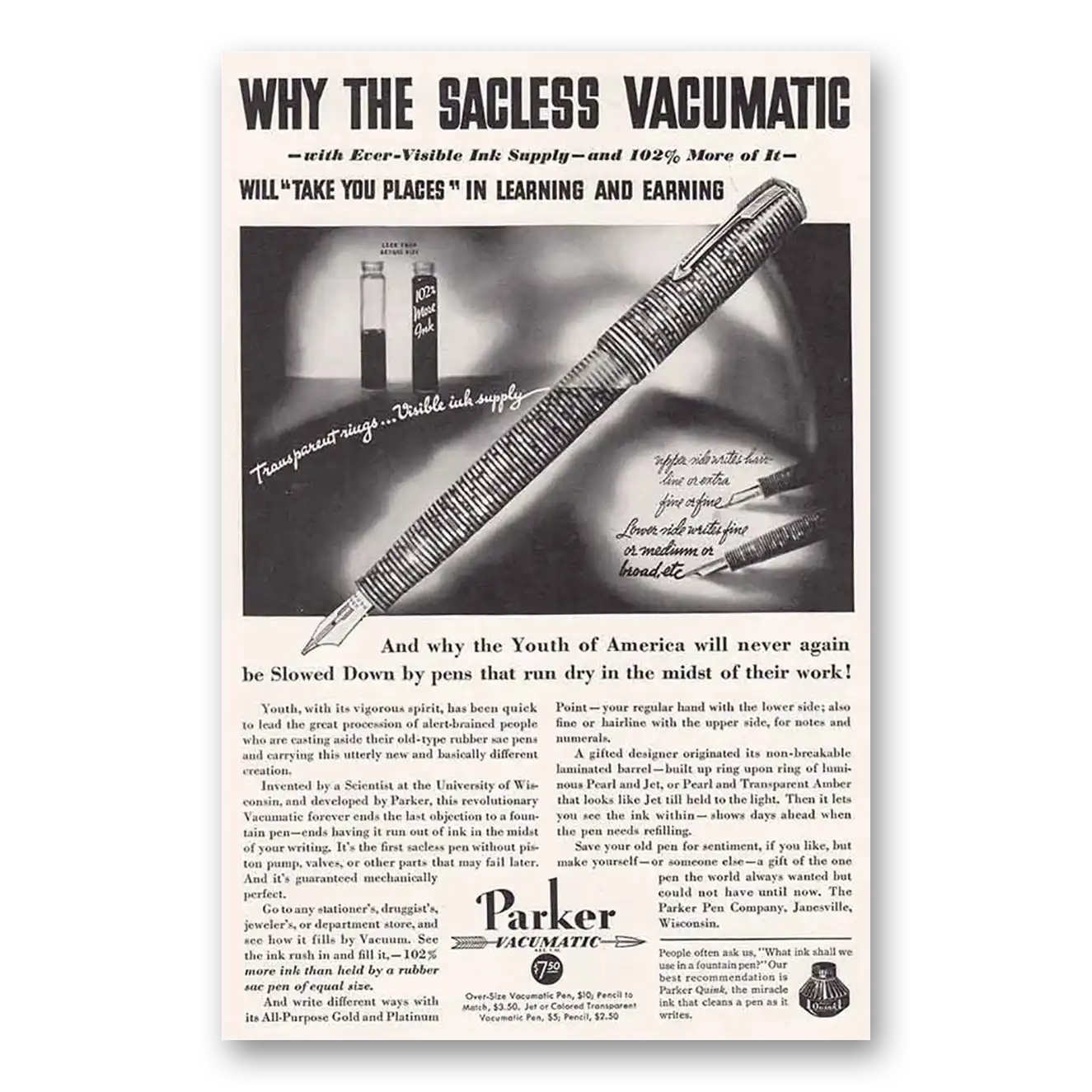 1934 Parker Vacumatic Pen Sacless Take You Places in Learning Vintage Magazine Print Ad