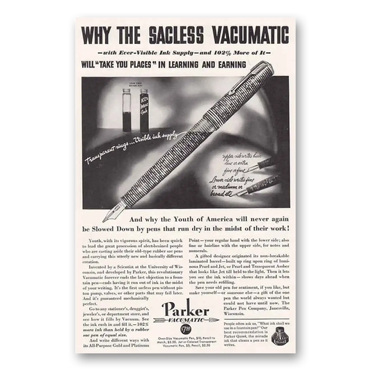 1934 Parker Vacumatic Pen Sacless Take You Places in Learning Vintage Magazine Print Ad