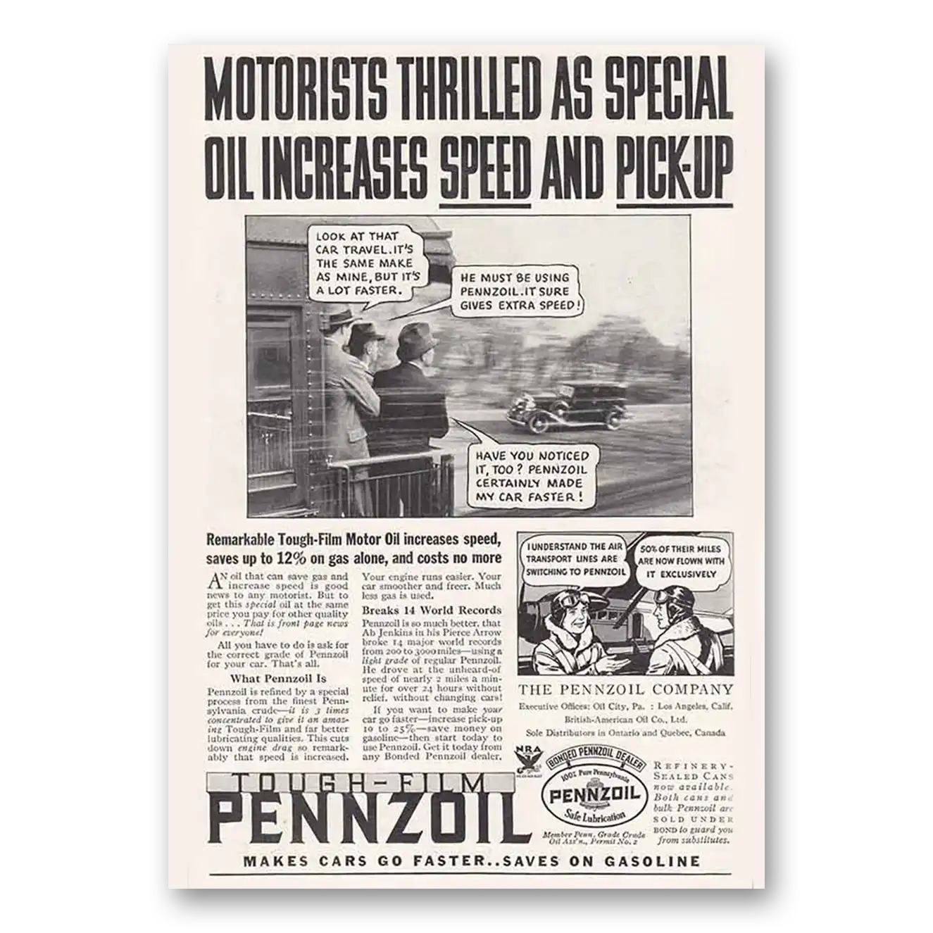 1934 Pennzoil Motorists Thrilled As Special Oil Increases Speed and Pick Up Vintage Magazine Print Ad