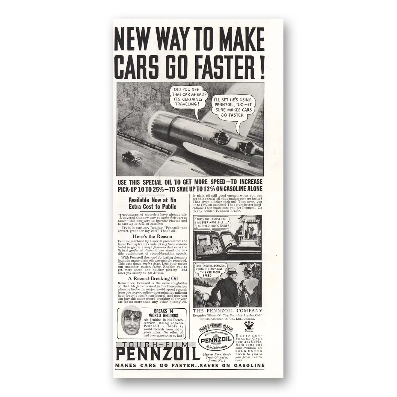 1934 Pennzoil Make Cars Go Faster Vintage Magazine Print Ad