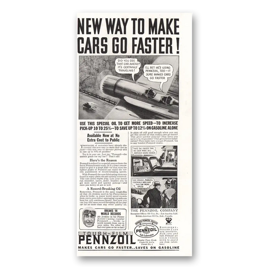 1934 Pennzoil Make Cars Go Faster Vintage Magazine Print Ad