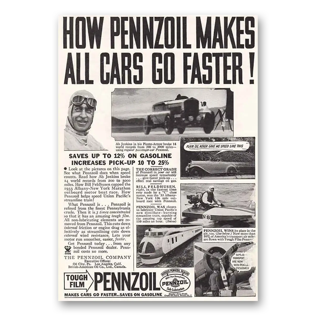 1934 Pennzoil Makes All Cars Go Faster Ab Jenkins Vintage Magazine Print Ad