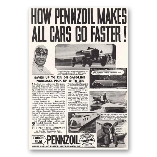 1934 Pennzoil Makes All Cars Go Faster Ab Jenkins Vintage Magazine Print Ad