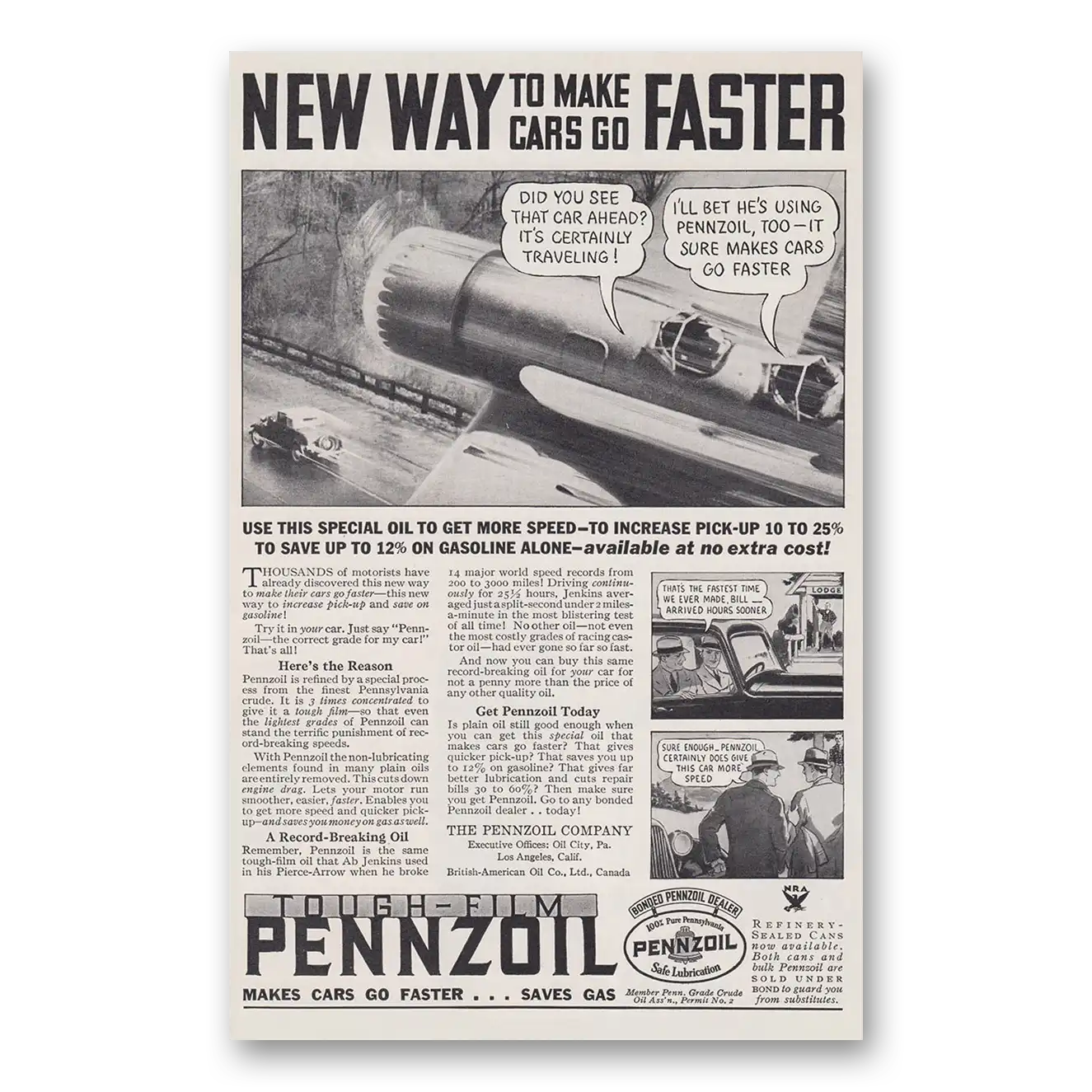 1934 Pennzoil New Way to Make Cars Go Faster Vintage Magazine Print Ad