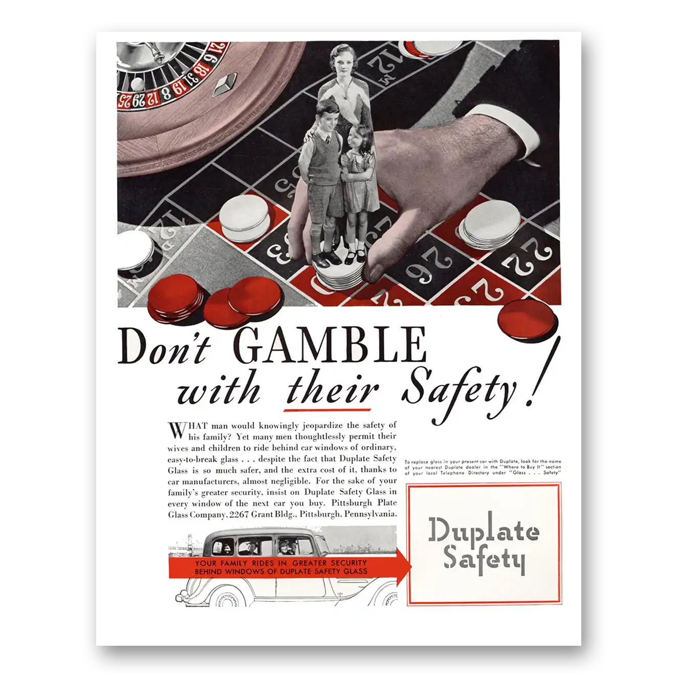 1934 PPG Pittsburgh Plate Glass Don't Gamble With Their Safety Vintage Magazine Print Ad