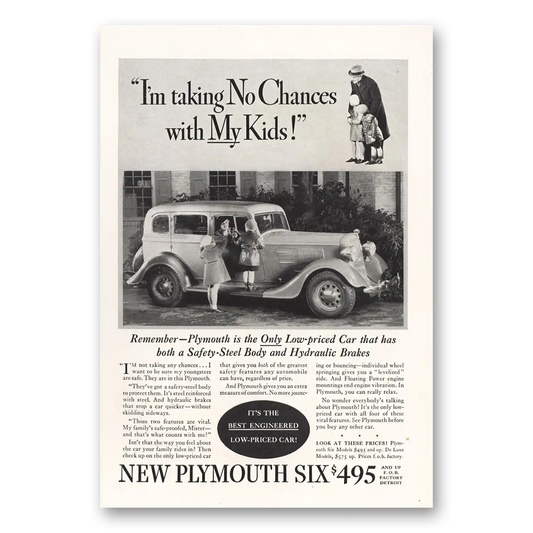 1934 Plymouth Six Taking No Chances with My Kids Vintage Magazine Print Ad