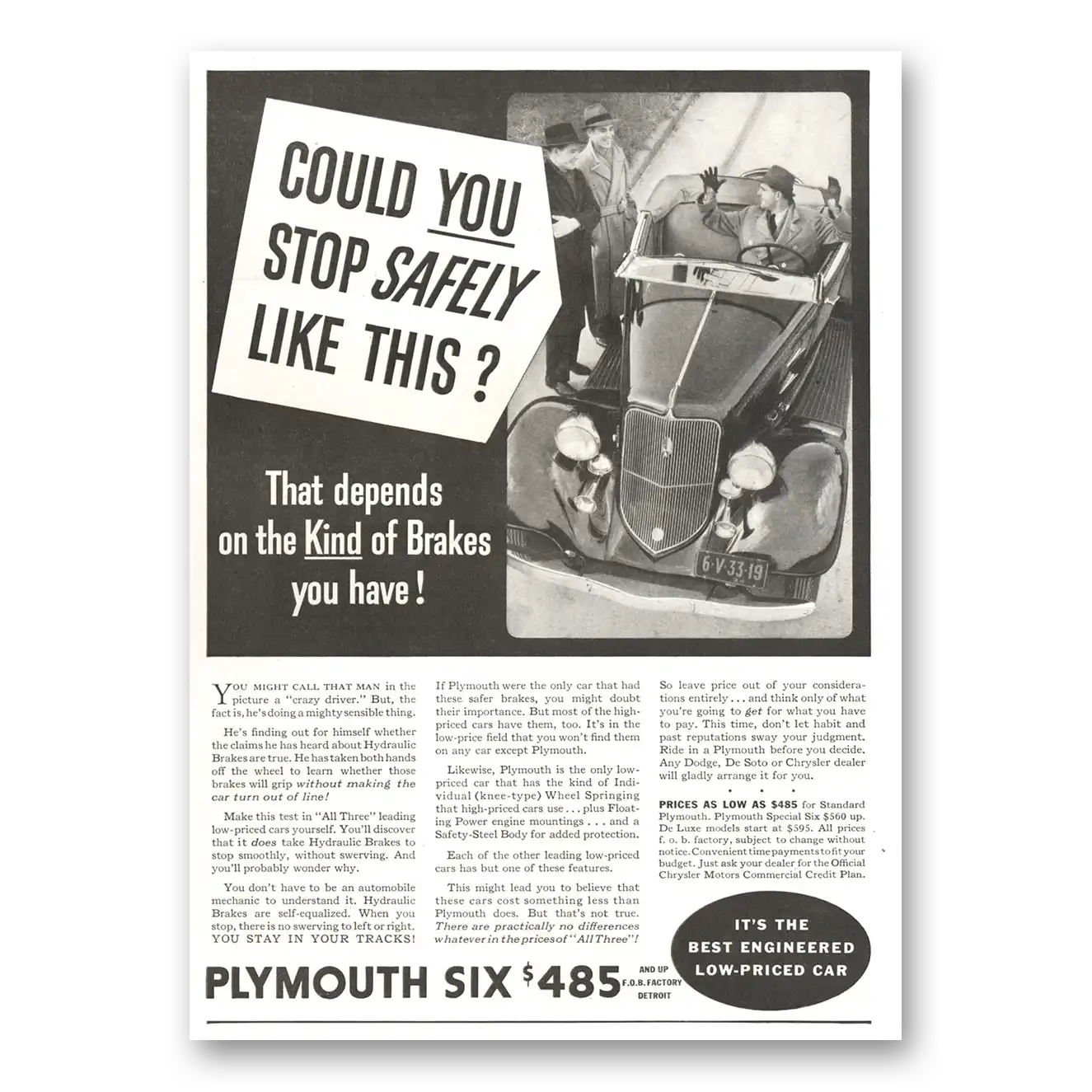 1934 Plymouth Six Could You Stop Safely Like This Vintage Magazine Print Ad