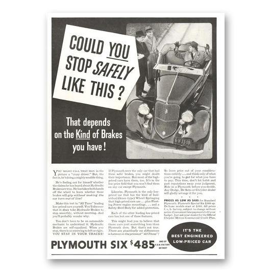 1934 Plymouth Six Could You Stop Safely Like This Vintage Magazine Print Ad