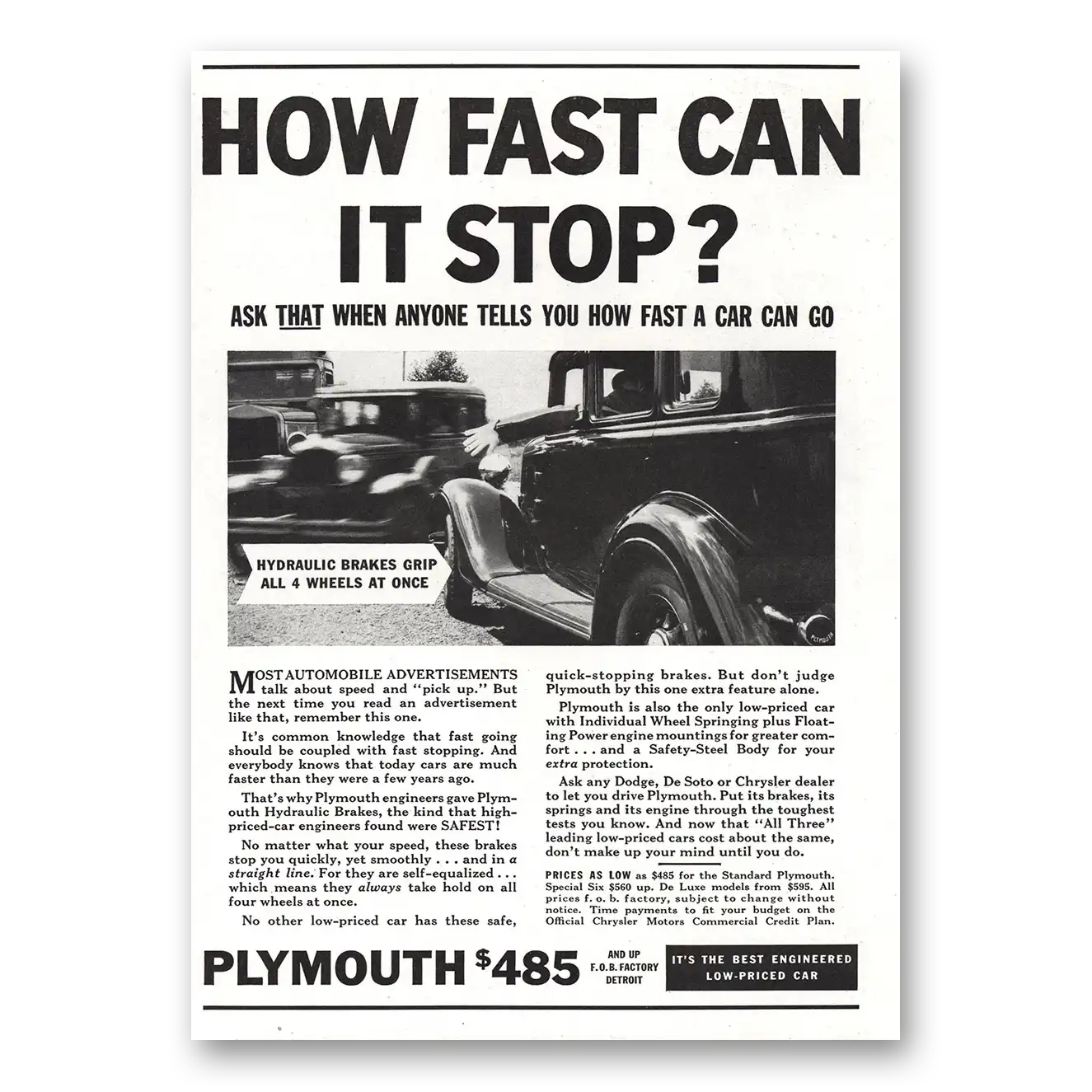 1934 Plymouth Six How Fast Can It Stop Vintage Magazine Print Ad