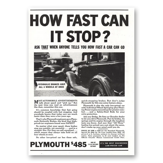 1934 Plymouth Six How Fast Can It Stop Vintage Magazine Print Ad