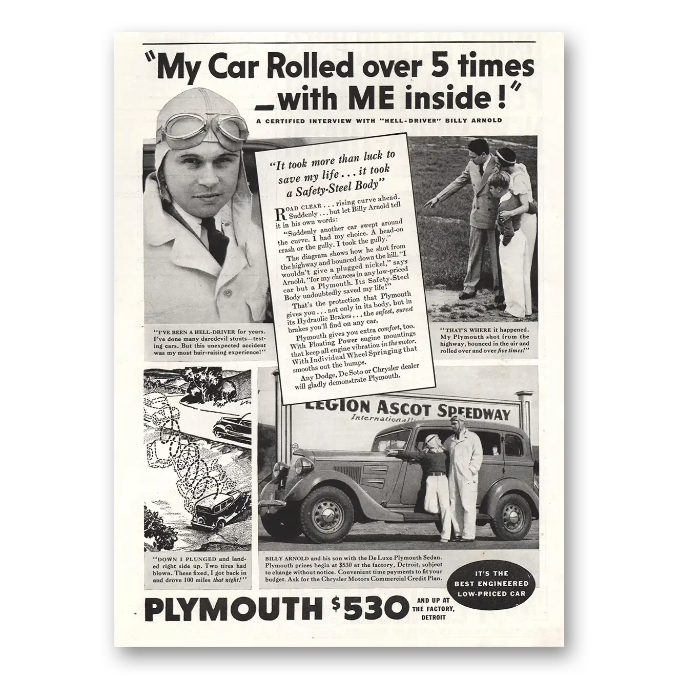 1934 Plymouth Car Rolled Over 5 Times Vintage Magazine Print Ad