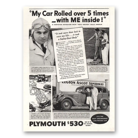 1934 Plymouth Car Rolled Over 5 Times Vintage Magazine Print Ad