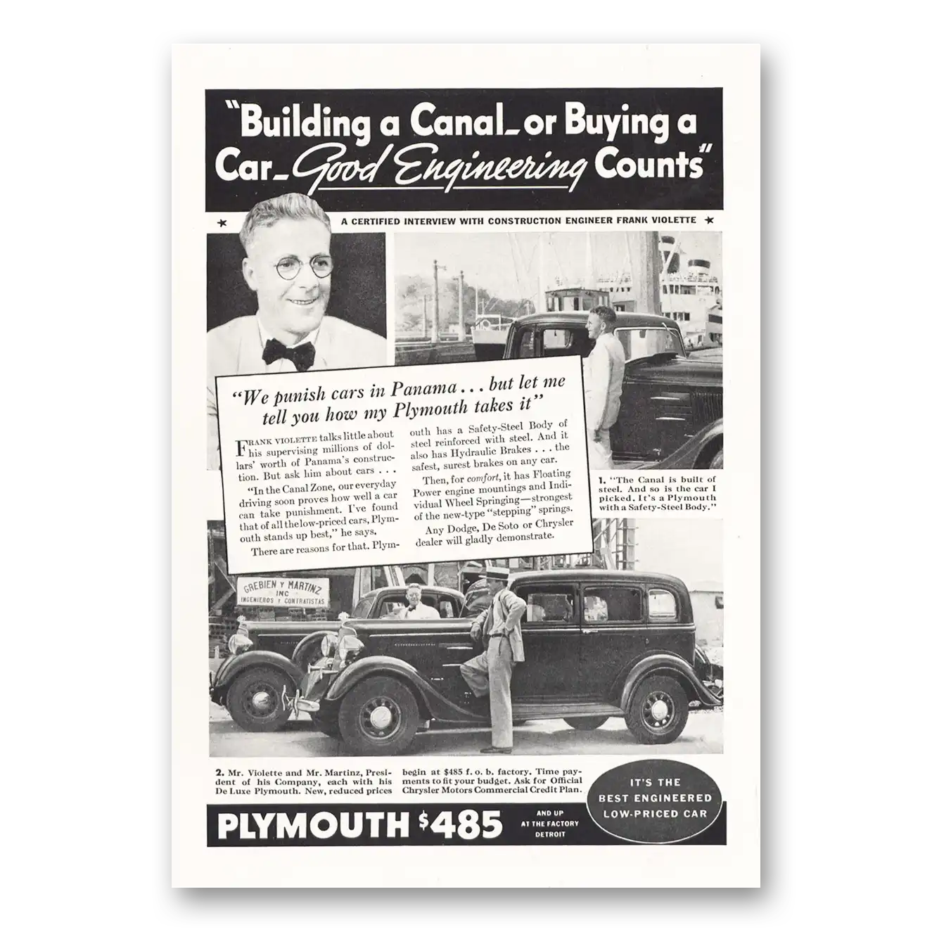 1934 Plymouth We Punish Cars In Panama Vintage Magazine Print Ad