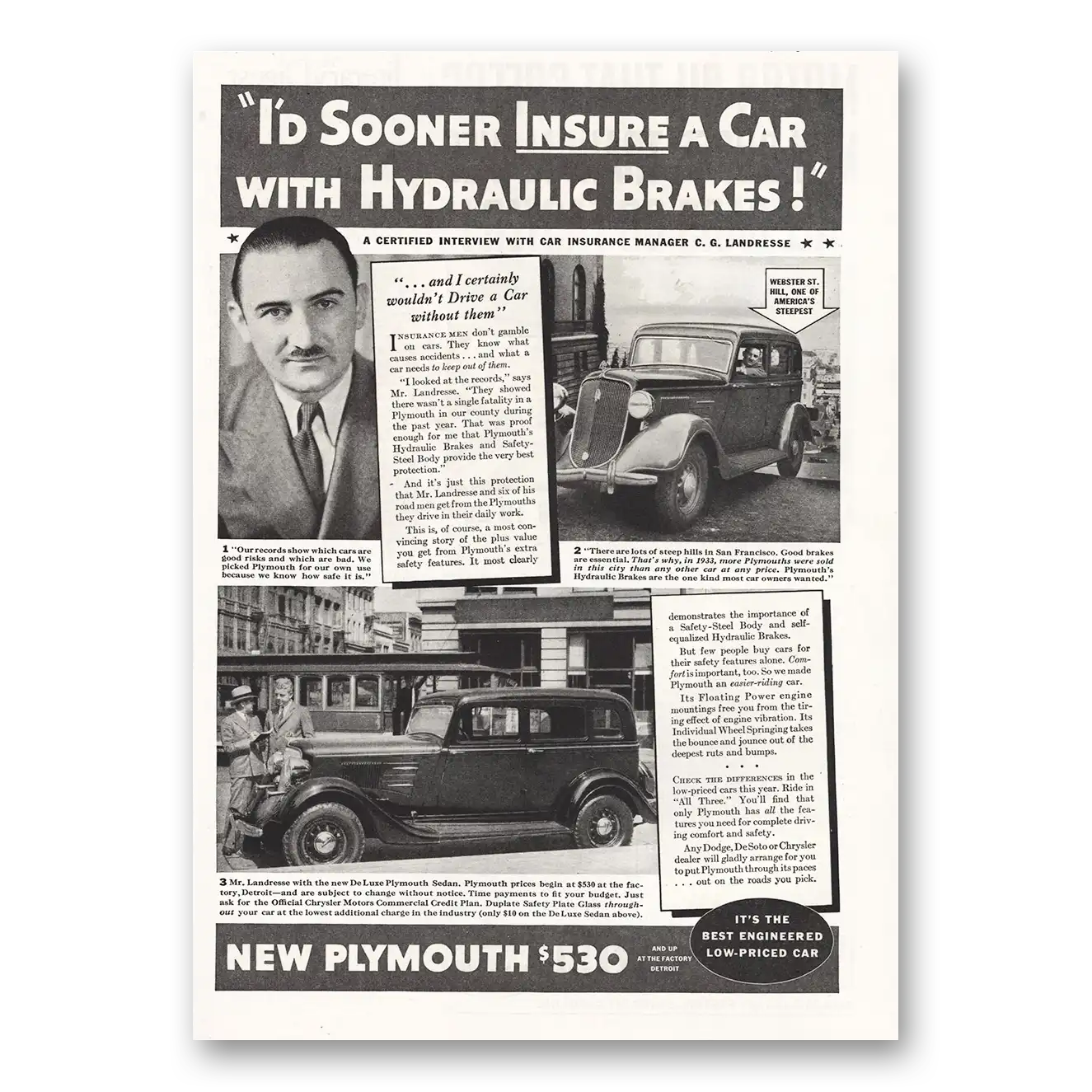 1934 Plymouth Insure Car Hydraulic Brakes Vintage Magazine Print Ad