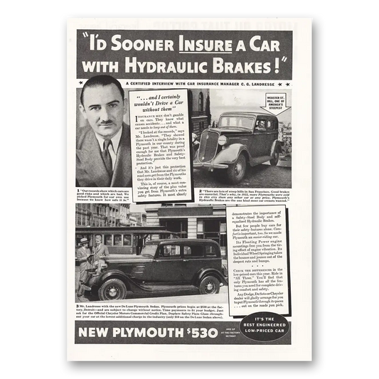 1934 Plymouth Insure Car Hydraulic Brakes Vintage Magazine Print Ad