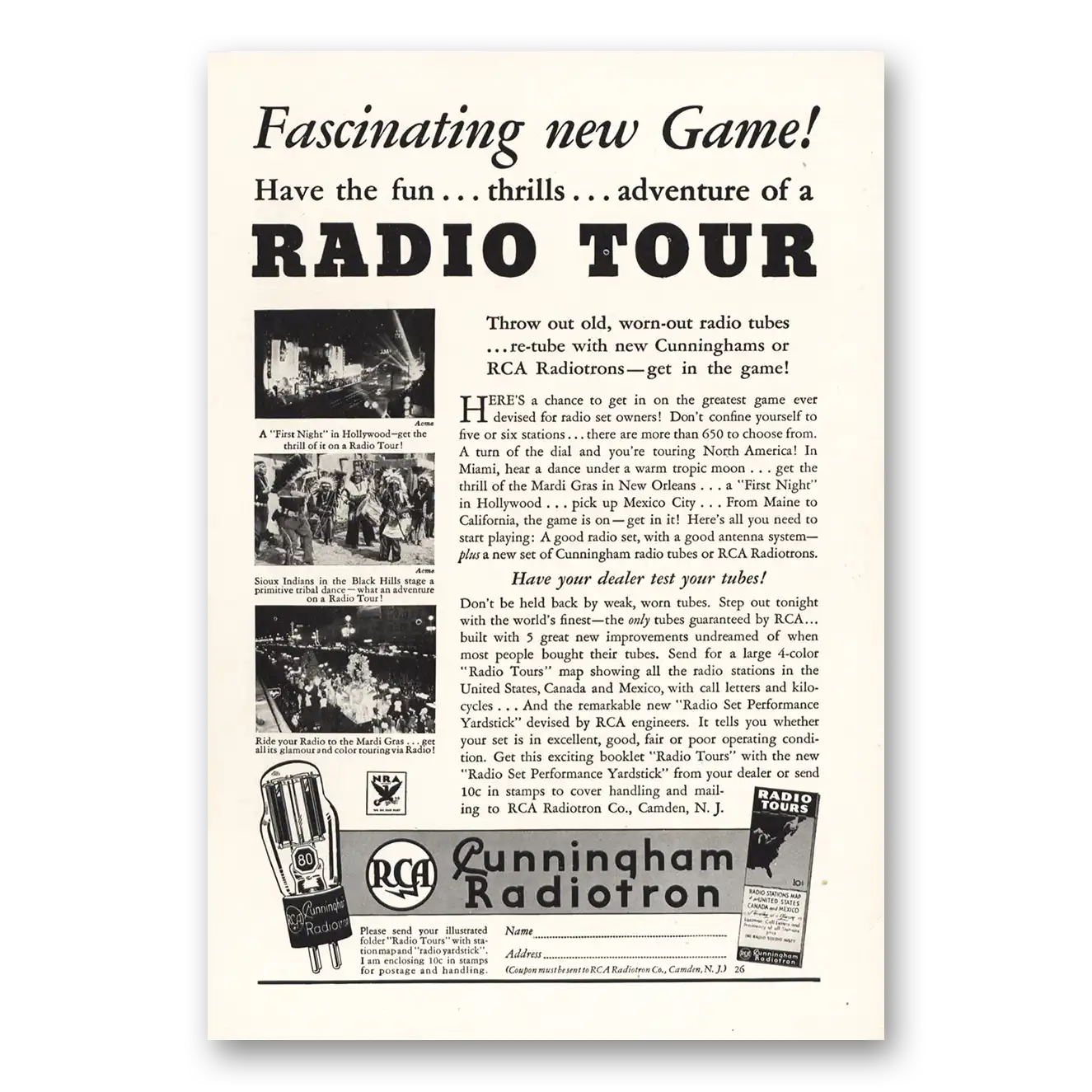 1934 RCA Radiotron Cunningham Radiotron Fascinating New Game Vintage Magazine Print Ad