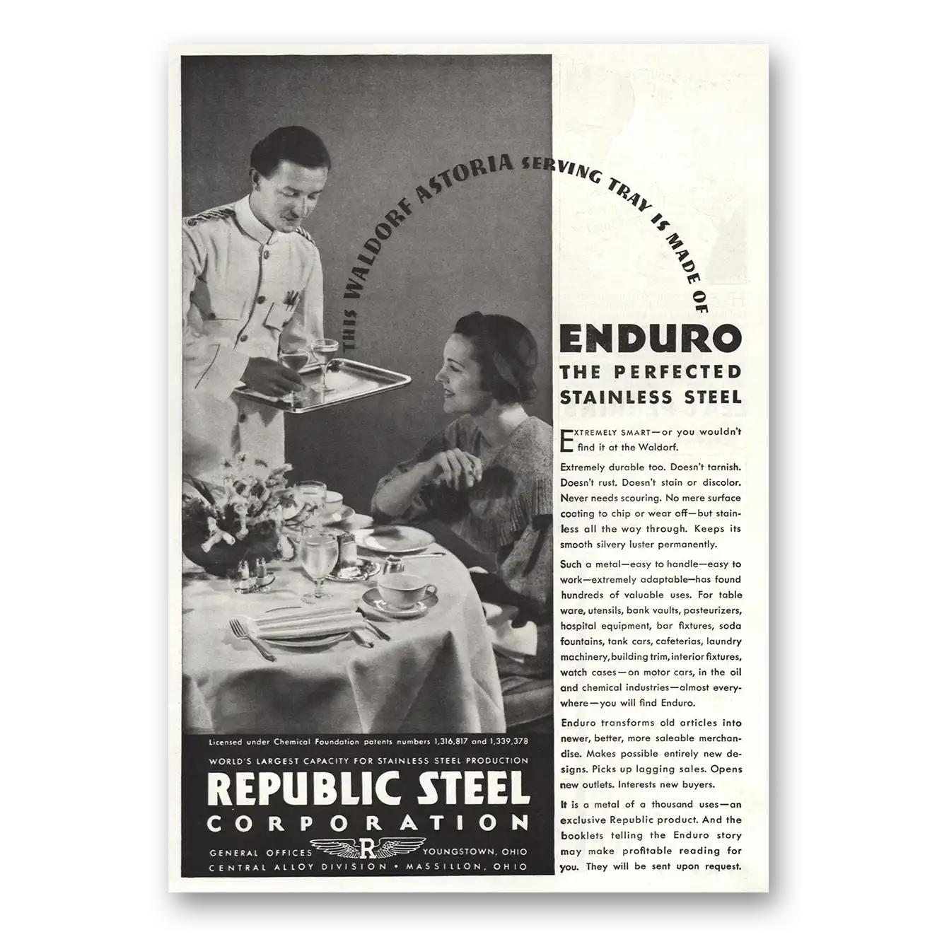 1934 Republic Steel Waldorf Astoria Enduro Vintage Magazine Print Ad