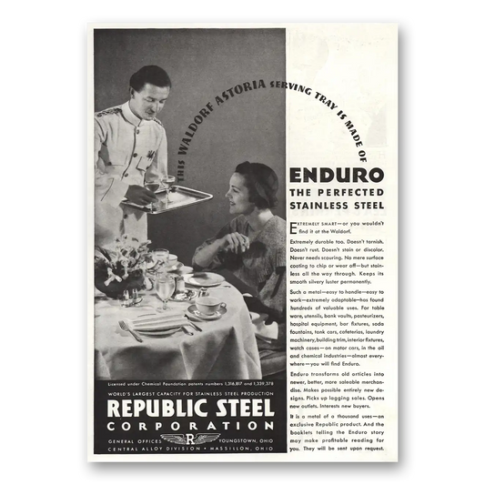 1934 Republic Steel Waldorf Astoria Enduro Vintage Magazine Print Ad