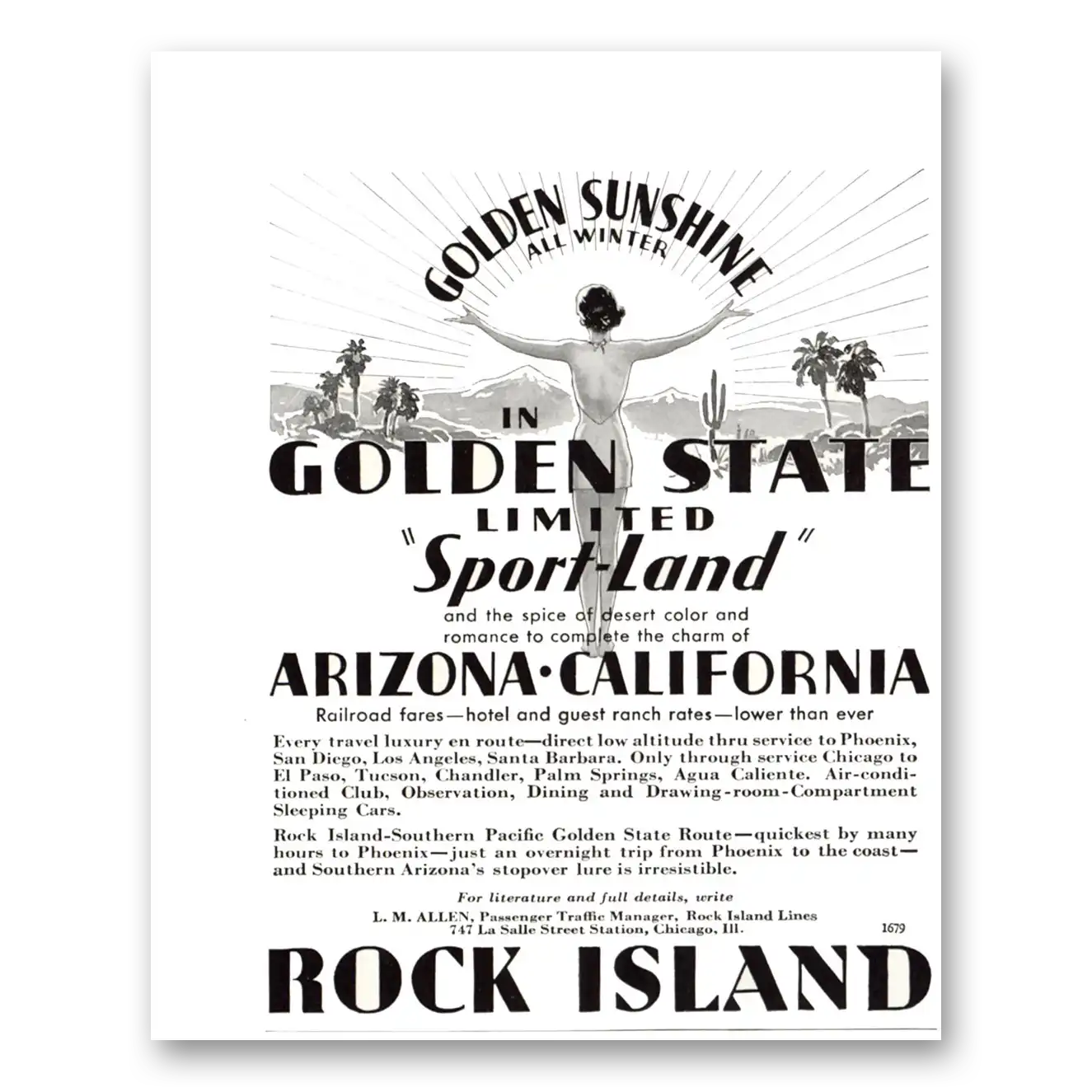 1934 Rock Island Lines Golden State Limited Sport Land Vintage Magazine Print Ad