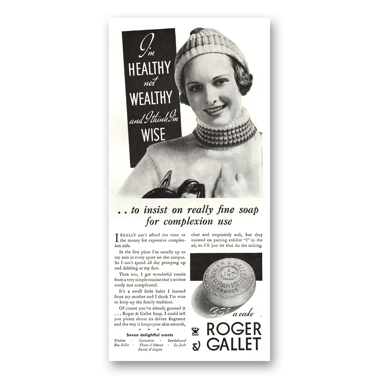 1934 Roger & Gallet Soap Healthy and Wealthy and I Think Im Wise Vintage Magazine Print Ad