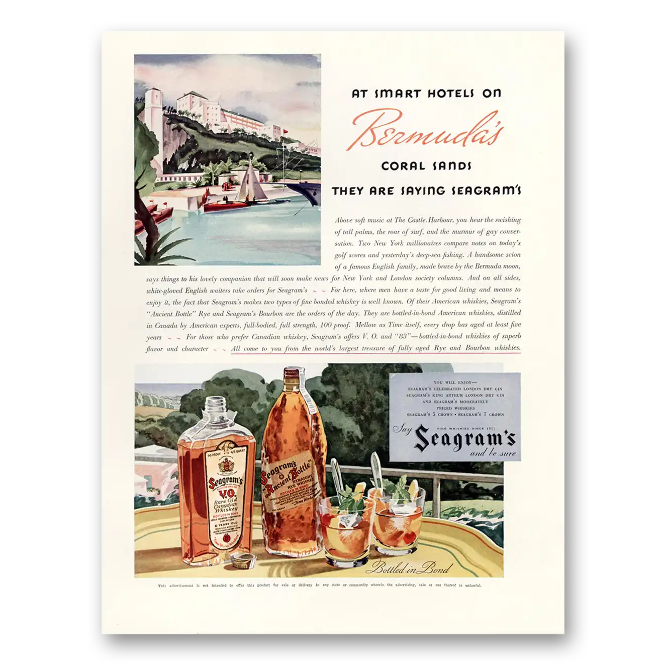 1934 Seagrams VO Whisky Smart Hotels On Bermudas Coral Sands Vintage Magazine Print Ad