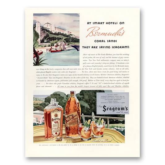 1934 Seagrams VO Whisky Smart Hotels On Bermudas Coral Sands Vintage Magazine Print Ad