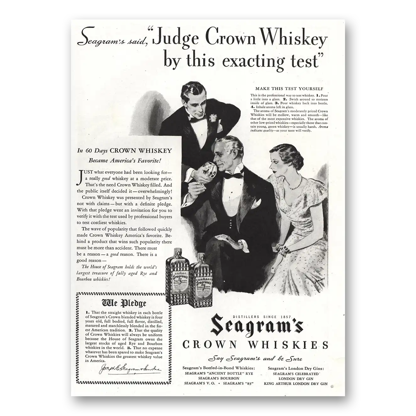 1934 Seagrams Crown Whiskies Judge Exacting Test Vintage Magazine Print Ad