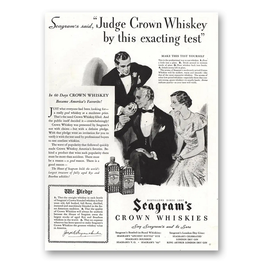 1934 Seagrams Crown Whiskies Judge Exacting Test Vintage Magazine Print Ad