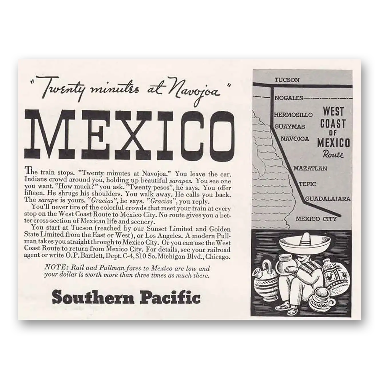 1934 Southern Pacific Twenty Minutes at Navajo Mexico Vintage Magazine Print Ad