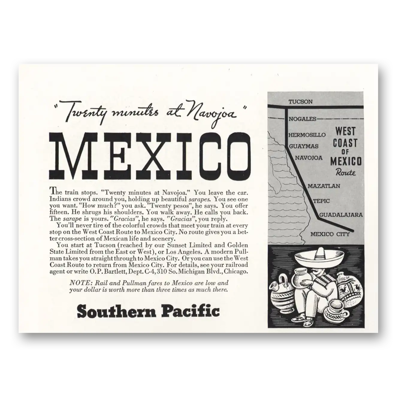 1934 Southern Pacific Twenty Minutes Navajo Mexico Vintage Magazine Print Ad