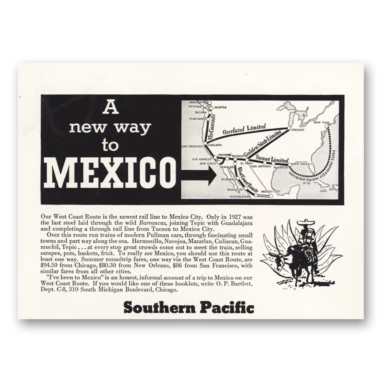 1934 Southern Pacific New Way to Mexico Vintage Magazine Print Ad