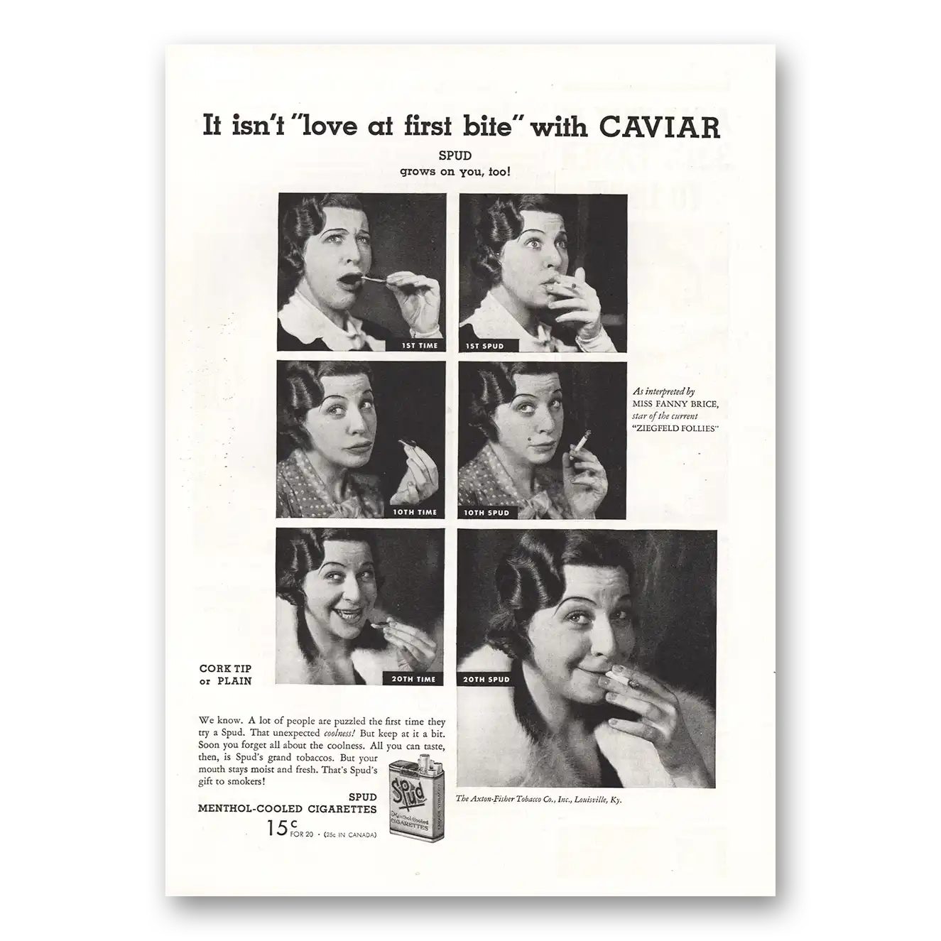 1934 Spud Cigarettes Isnt Love at First Bite With Caviar Vintage Magazine Print Ad