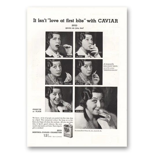 1934 Spud Cigarettes Isnt Love at First Bite With Caviar Vintage Magazine Print Ad