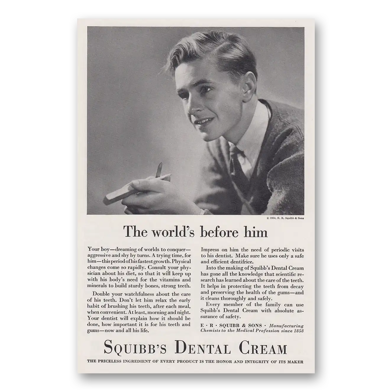 1934 Squibb Dental Cream Worlds Before Him Vintage Magazine Print Ad