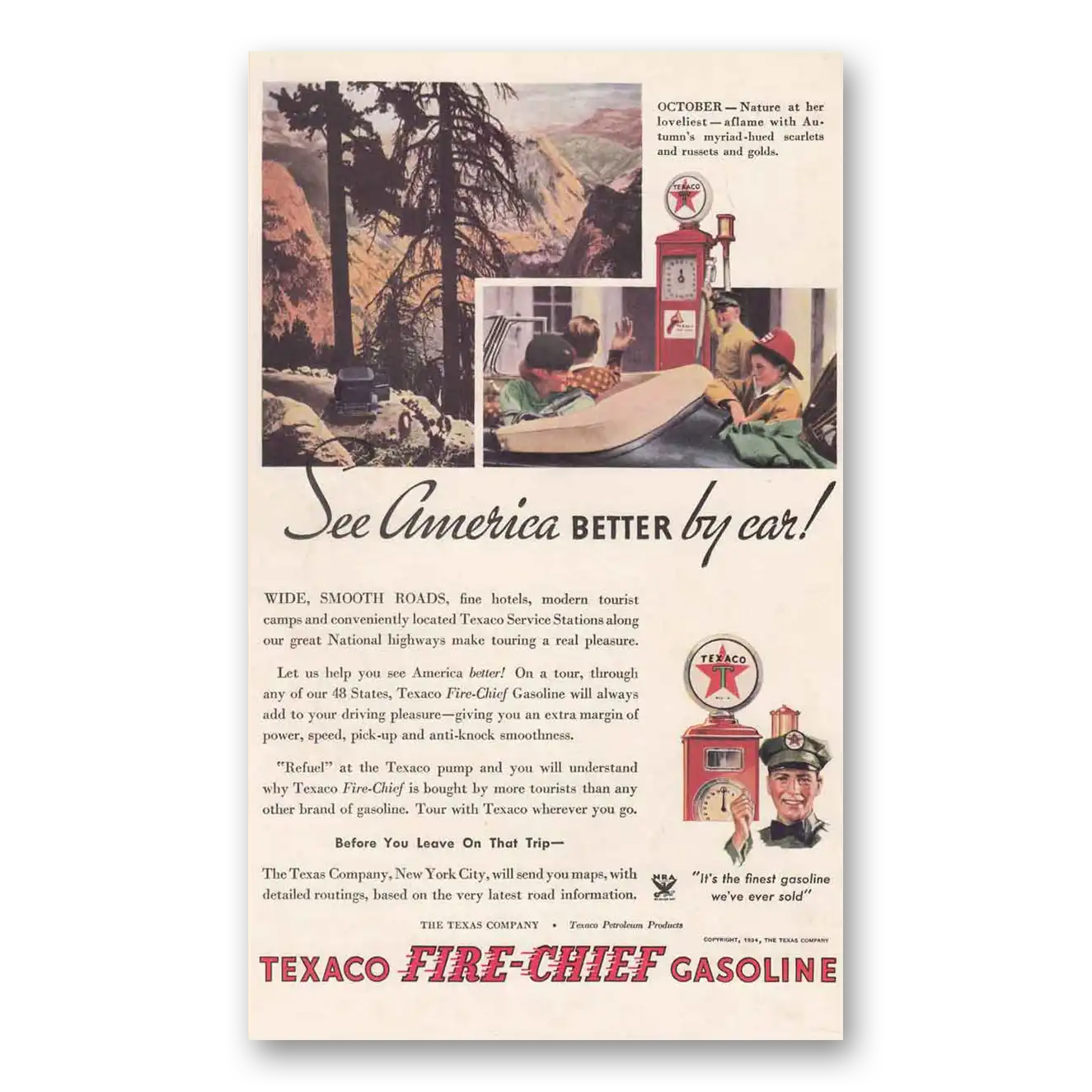 1934 Texaco Fire Chief Gasoline See America Vintage Magazine Print Ad