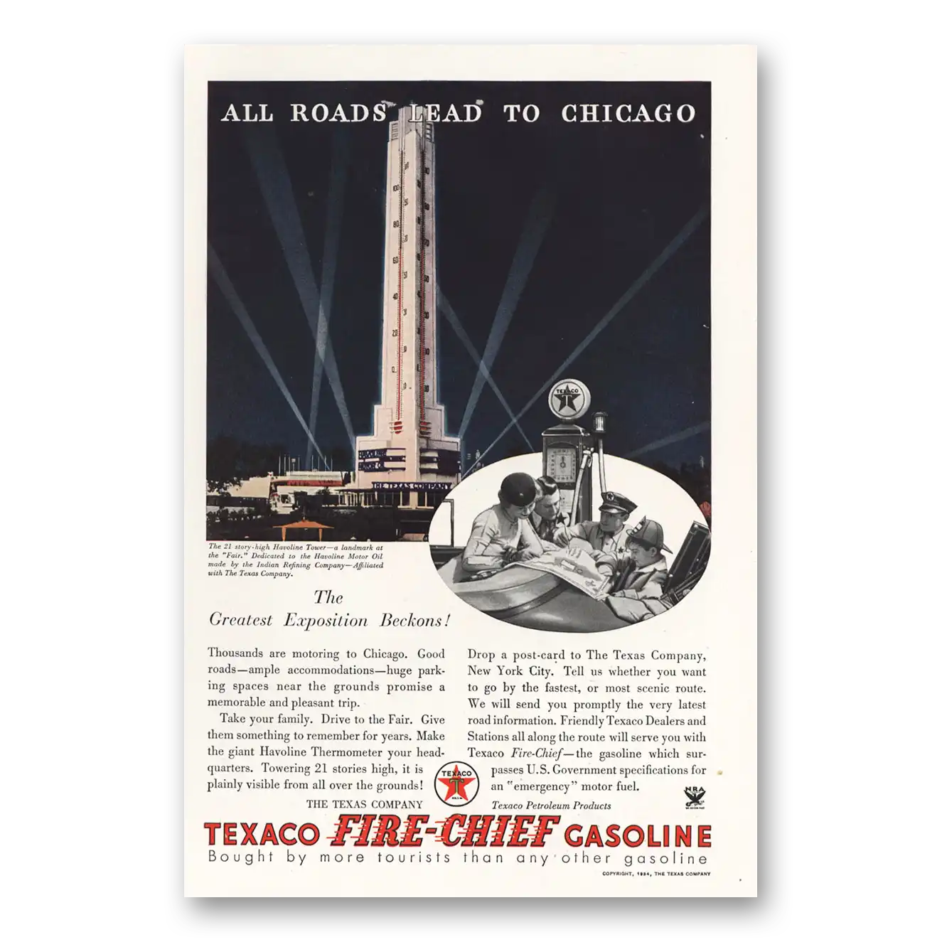 1934 Texaco Fire Chief Gasoline All Roads Lead to Chicago Vintage Magazine Print Ad