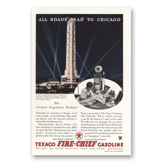 1934 Texaco Fire Chief Gasoline All Roads Lead to Chicago Vintage Magazine Print Ad