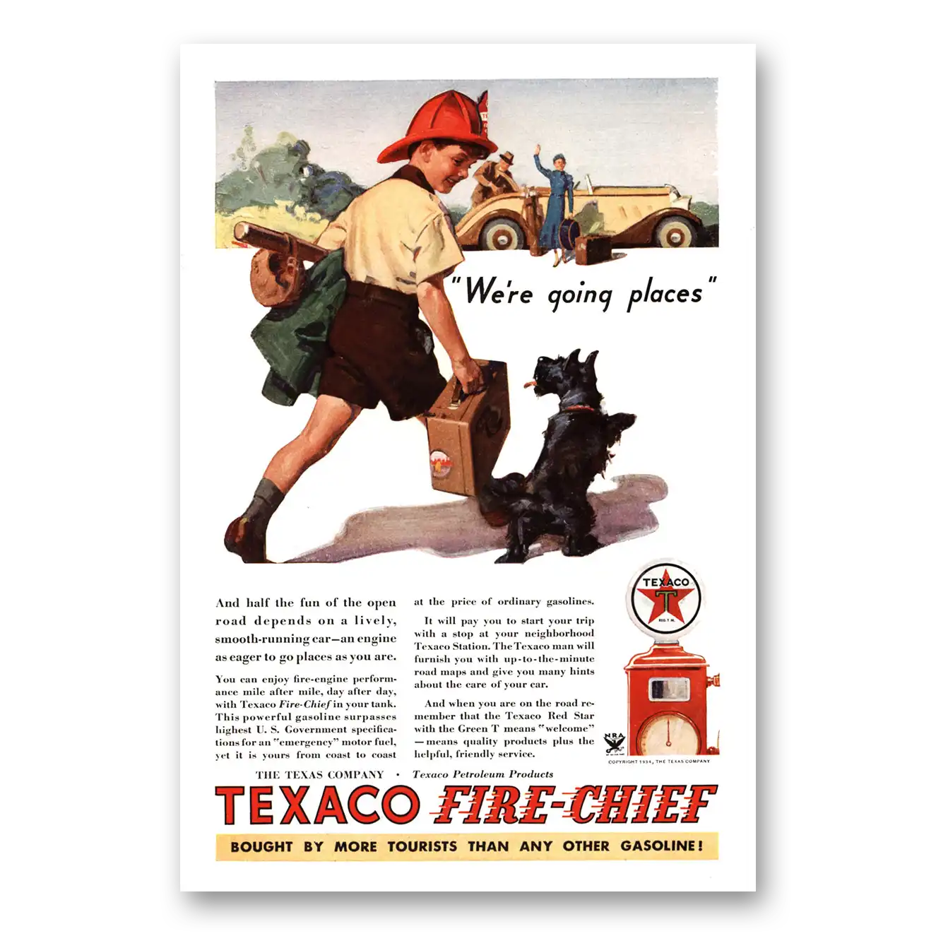 1934 Texaco Fire Chief Gasoline We're Going Places Scottie Vintage Magazine Print Ad