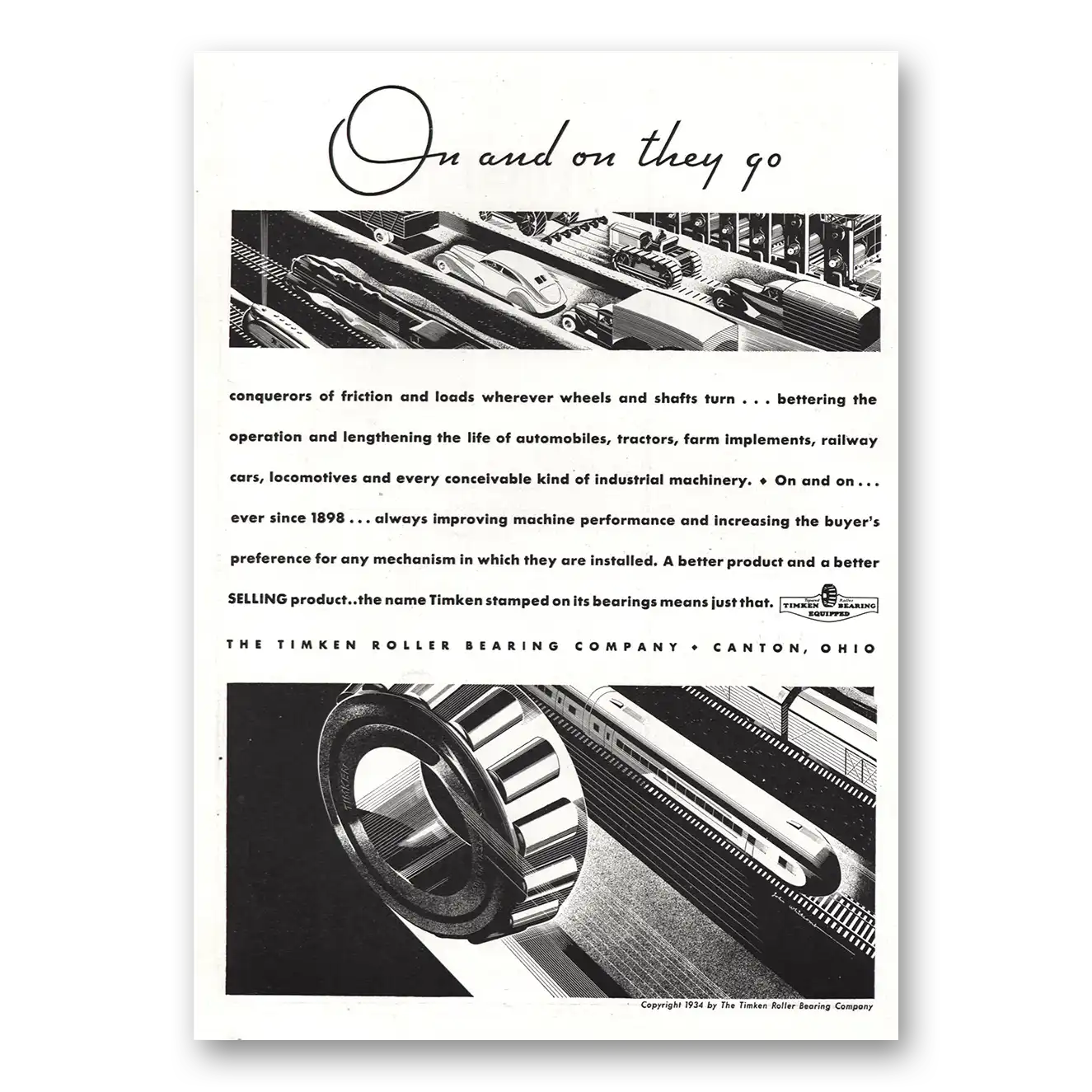 1934 Timken Roller Bearings On and On They Go Vintage Magazine Print Ad