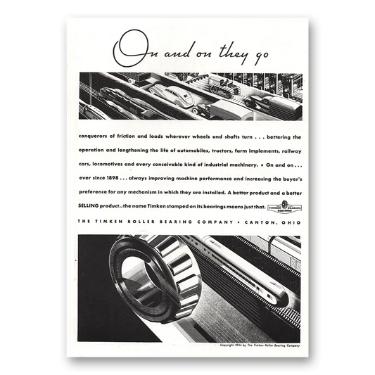 1934 Timken Roller Bearings On and On They Go Vintage Magazine Print Ad