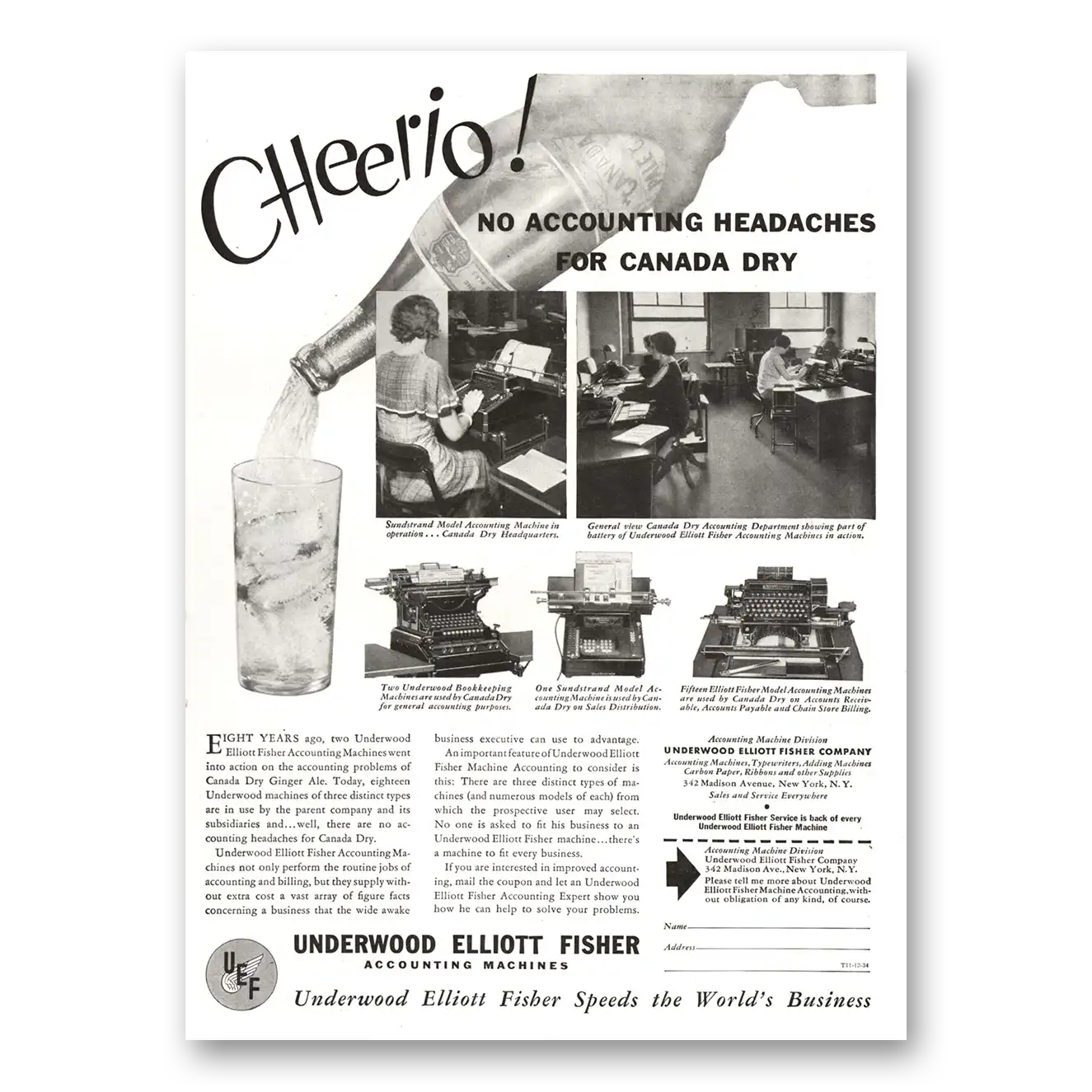 1934 Underwood Accounting Machines Cheerio Canada Dry Vintage Magazine Print Ad