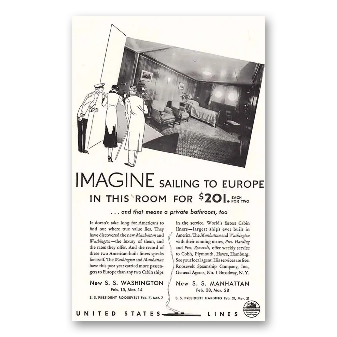 1934 United States Lines Imagine Sailing to Europe Vintage Magazine Print Ad