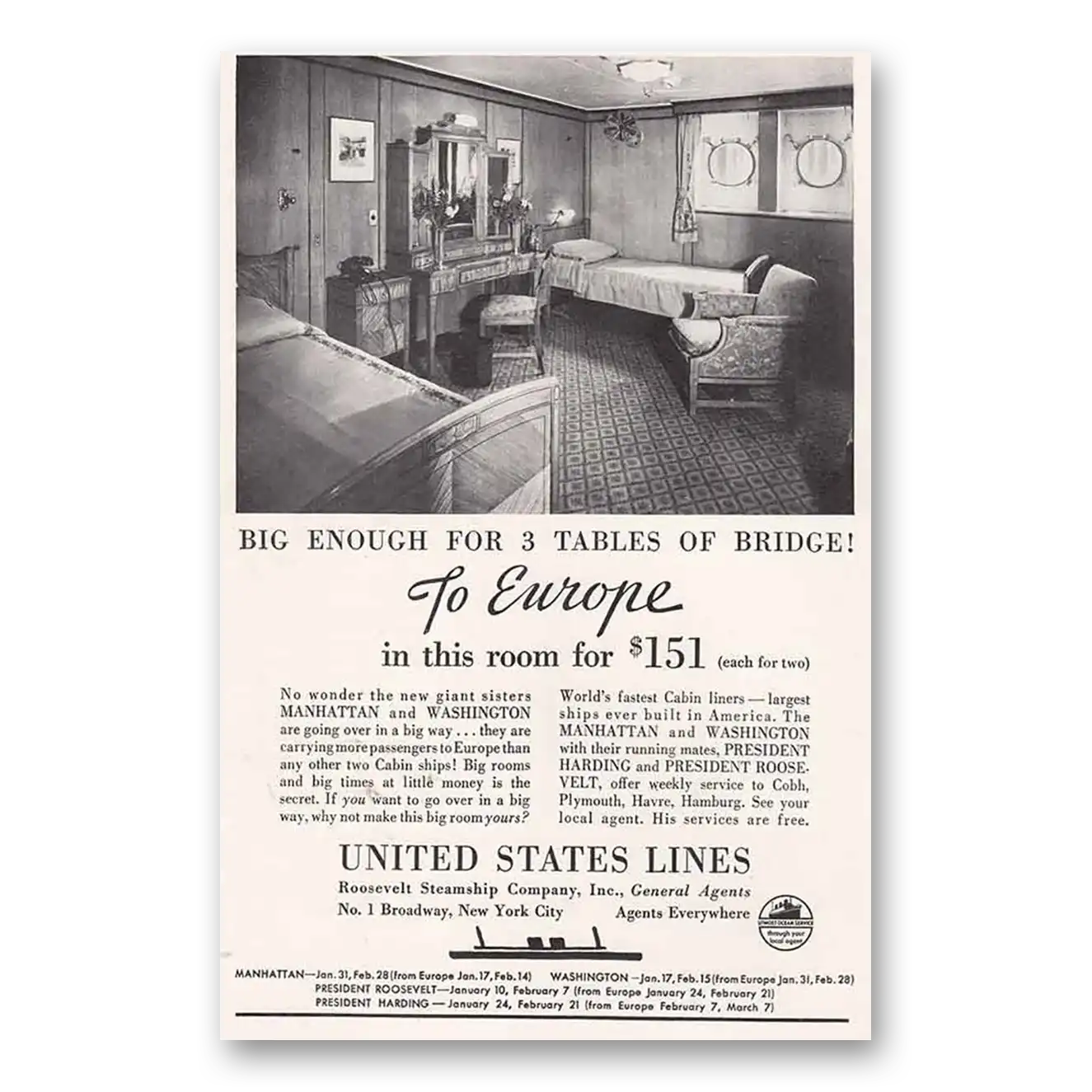 1934 United States Lines Big Enough for 3 Tables of Bridge Vintage Magazine Print Ad