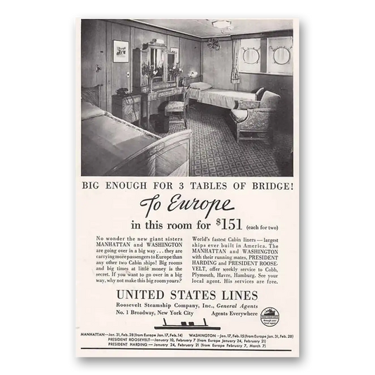 1934 United States Lines Big Enough for 3 Tables of Bridge Vintage Magazine Print Ad