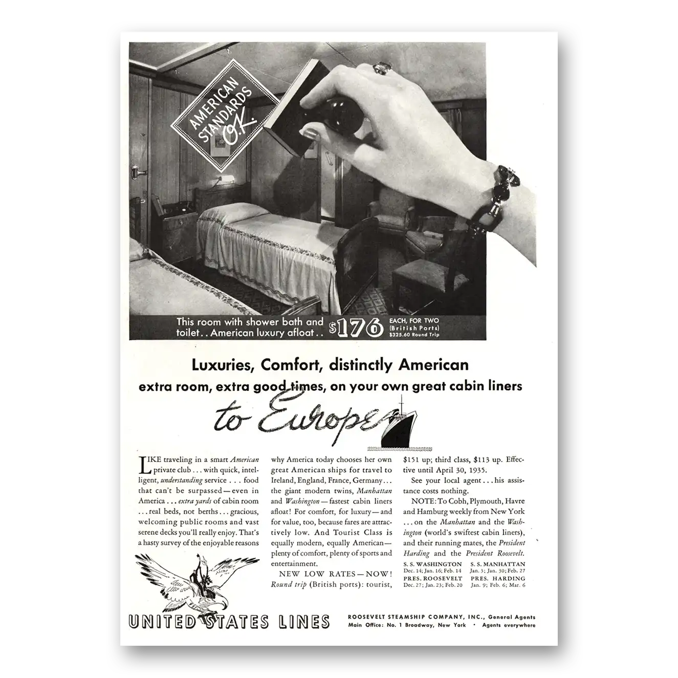 1934 United States Lines Luxuries Comfort Distinctly American Vintage Magazine Print Ad