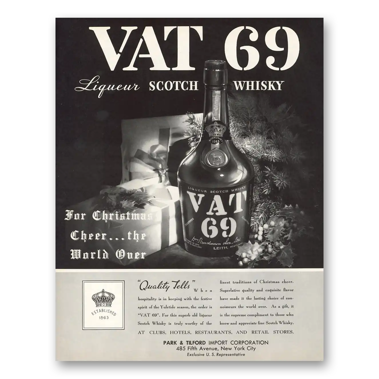 1934 VAT69 For Christmas Cheer the World Over Vintage Magazine Print Ad